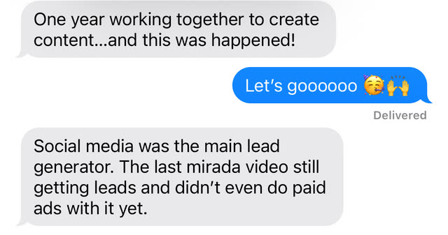 Messages from Crystal Mraz: one year working together to create content, and this was happened. Social media was the main lead generator. The last mirada video still getting leads and didn't even do paid ads with it yet