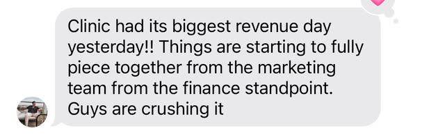 Message from Julian Becerra: Clinic had its biggest revenue day yesterday. Things are starting to fully piece together from the marketing team from the finance standpoint. Guys are crushing it