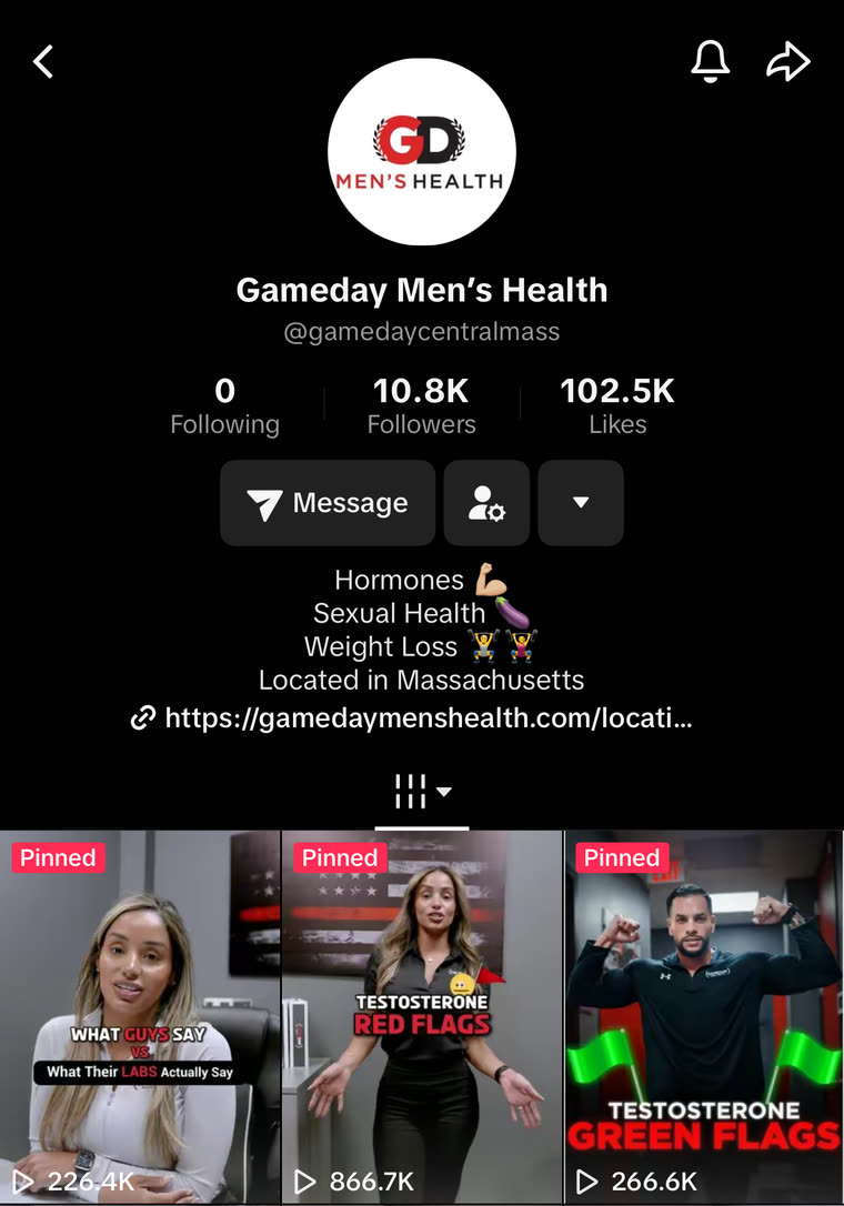 Gameday Men's Health TikTok profile, @gamedaycentralmass: 10.8K followers, 102.5K likes, and three pinned videos at 226.4K, 866.7K and 266.6K views