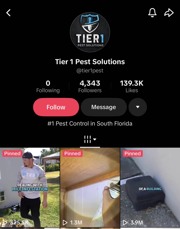 Tier 1 Pest Solutions TikTok profile, @tier1pest, number one pest control in South Florida: 4,343 followers, 139.3K likes, pinned videos at 325.5K, 1.3M and 3.9M views
