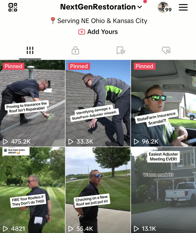 NextGenRestoration TikTok profile, serving NE Ohio and Kansas City, showing roofing videos on site with view counts of 475.2K, 96.2K, 55.4K, 33.3K and 13.1K