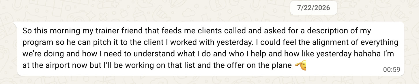So this morning my trainer friend that feeds me clients called and asked for a description of my program so he can pitch it to the client I worked with yesterday. I could feel the alignment of everything we're doing and how I need to understand what I do and who I help and how like yesterday hahaha I'm at the airport now but I'll be working on that list and the offer on the plane 🫡
