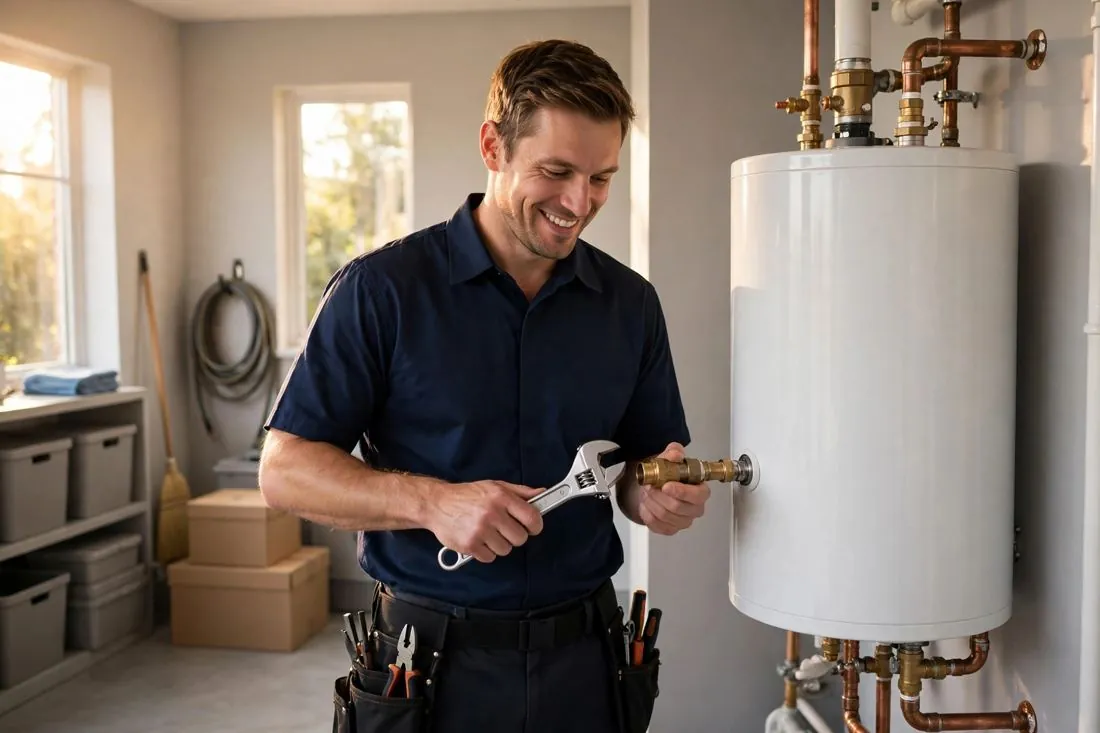 Sample website hero photo: a plumber repairing pipes under a sink — demonstration image