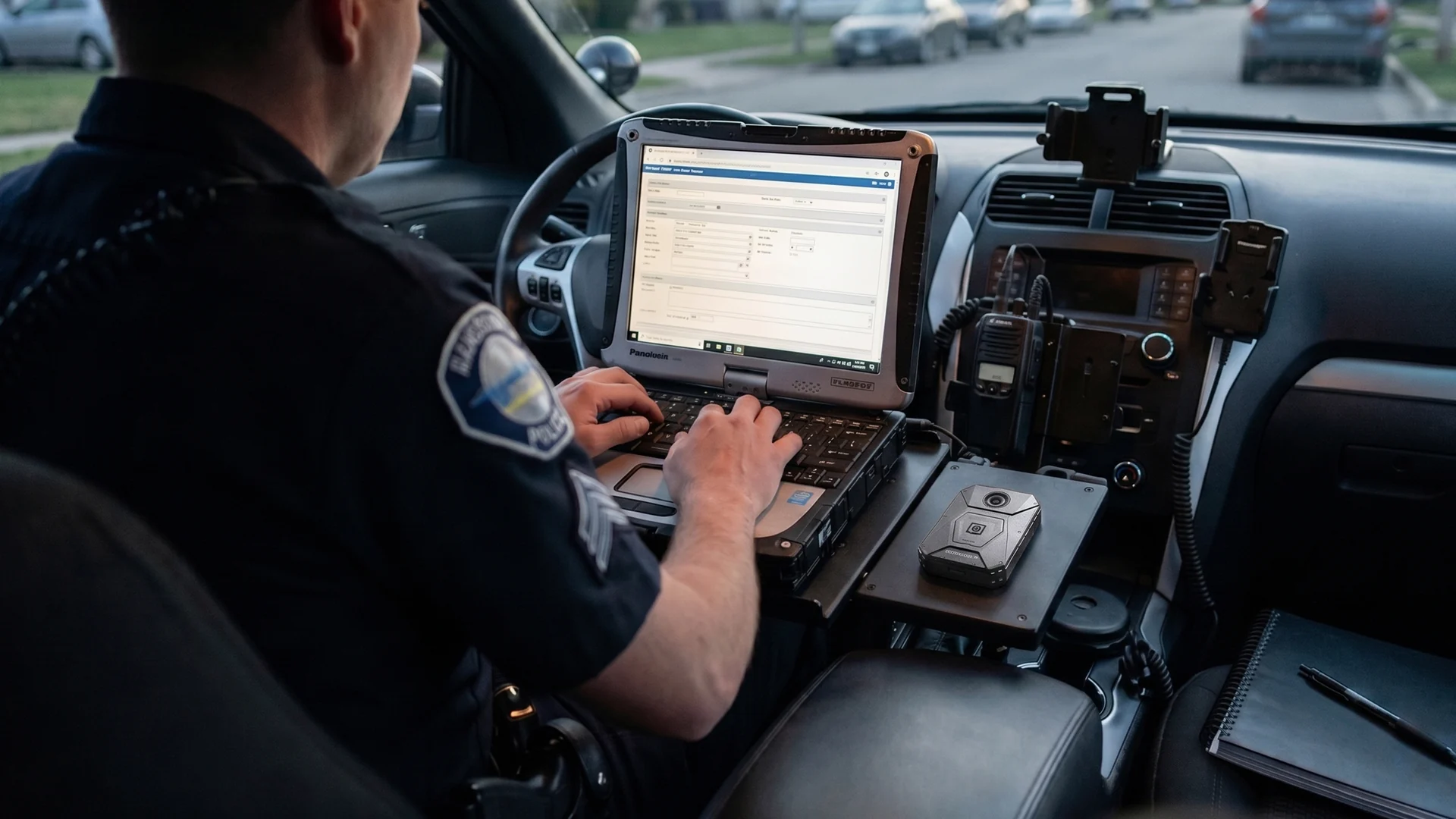 Officer typing a report on a patrol laptop with a body camera on the console