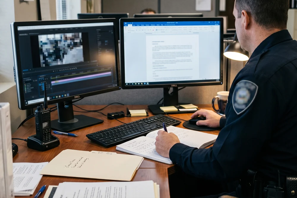 Officer reviewing a report at an evidence workstation