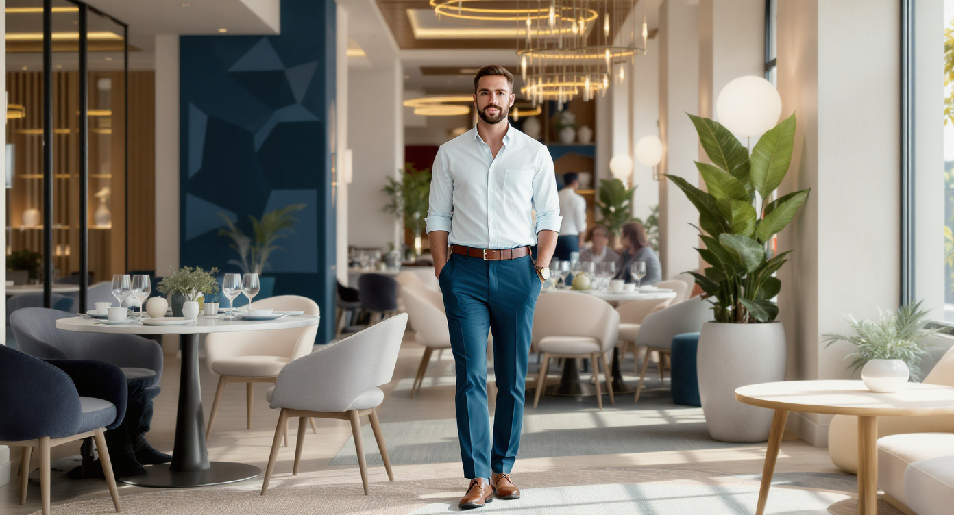 man in cafe  short pants and socks