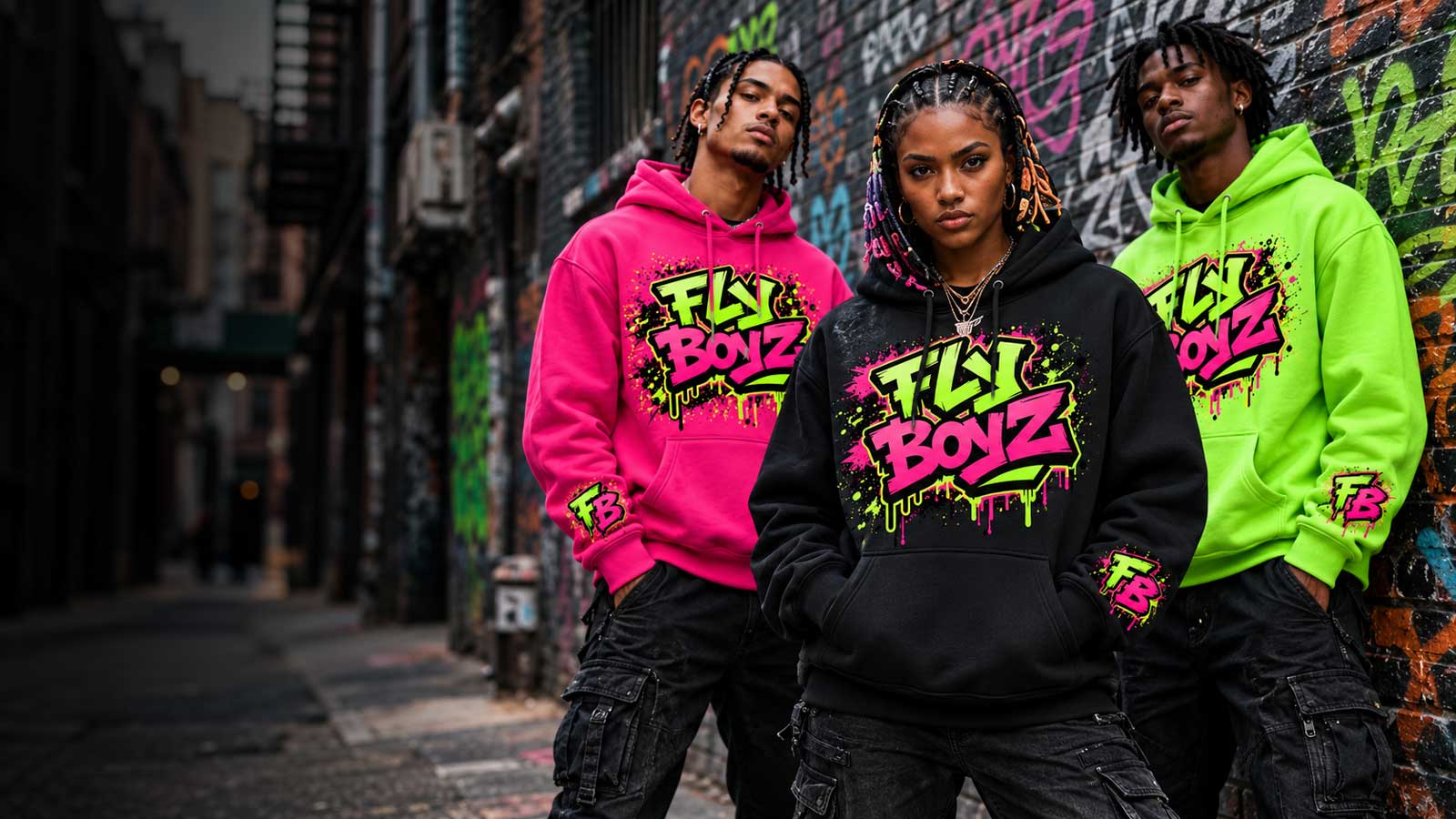 Fly Boyz model in a graffiti-print hoodie on a spray-painted brick wall