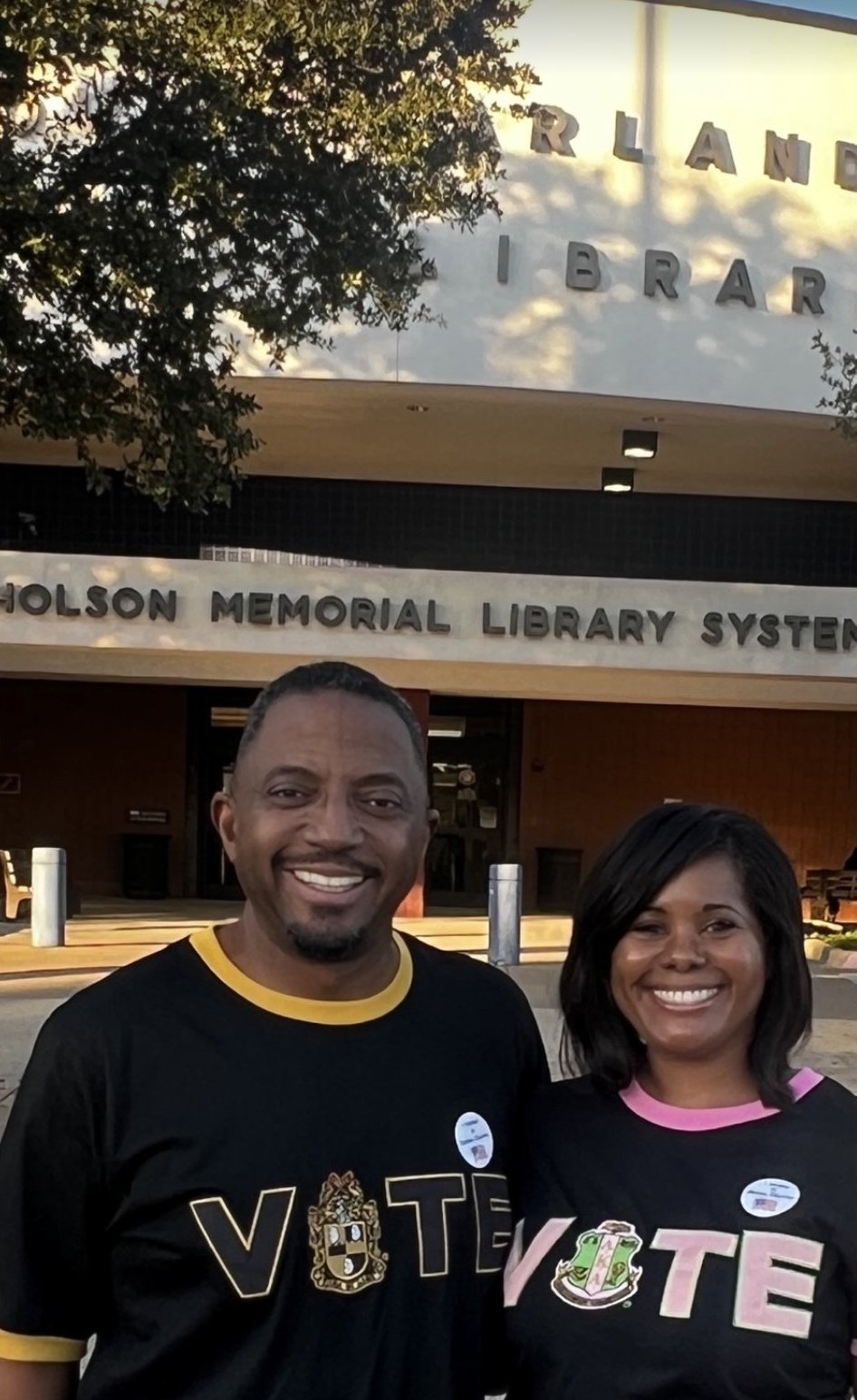 Bryan and Nicole Robinson after voting at the Garland library