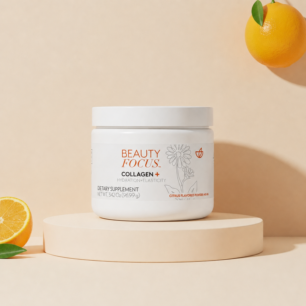 Envase de Beauty Focus Collagen+, suplemento en polvo sabor cítrico