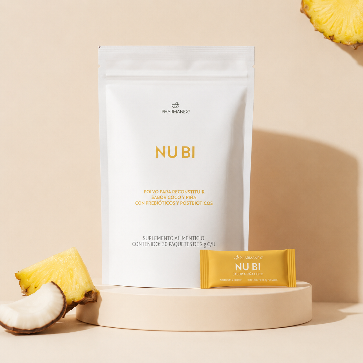 Envase de Nu Bi, suplemento en polvo con prebióticos y postbióticos sabor coco y piña
