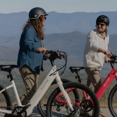 Two riders with electric bikes on a mountain overlook (Photo: Piedmont eBikes website)