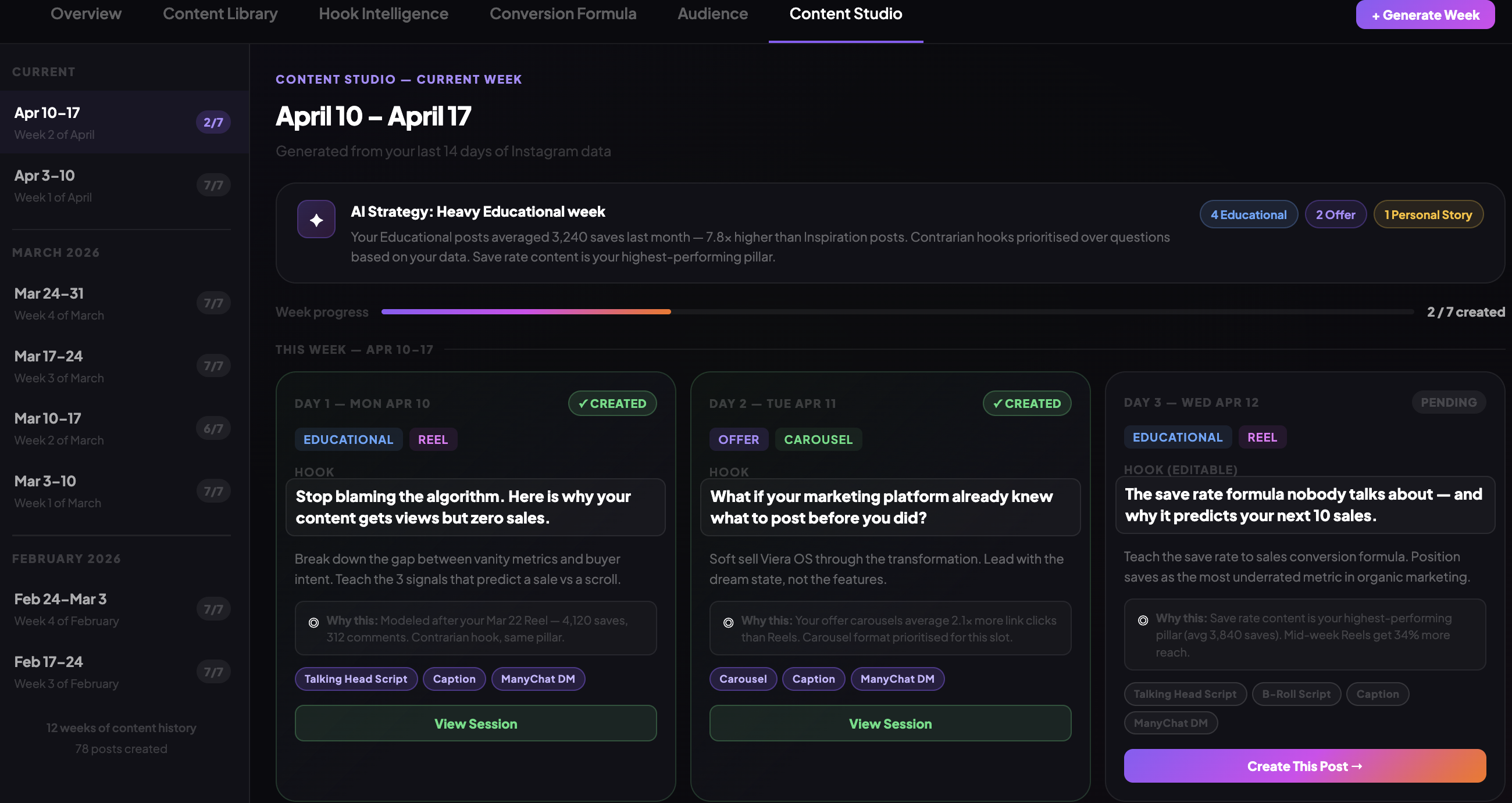 Content Studio showing 7-day brief cards and AI agent panel