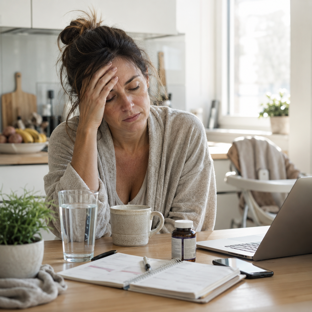 Exhausted woman at kitchen table with vitamins and coffee, representing fatigue despite trying to improve energy