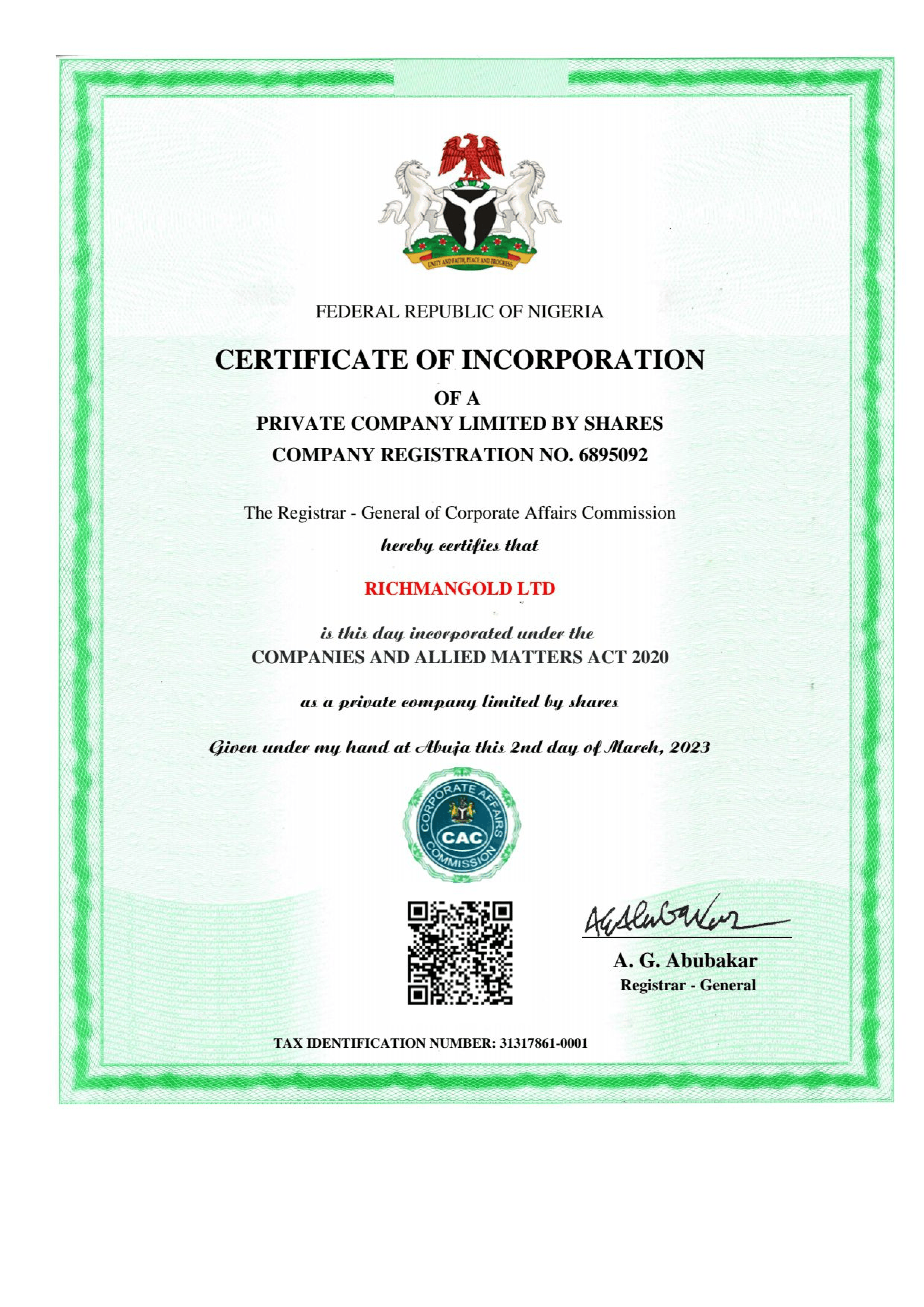 Richmangold Ltd Certificate of Registration