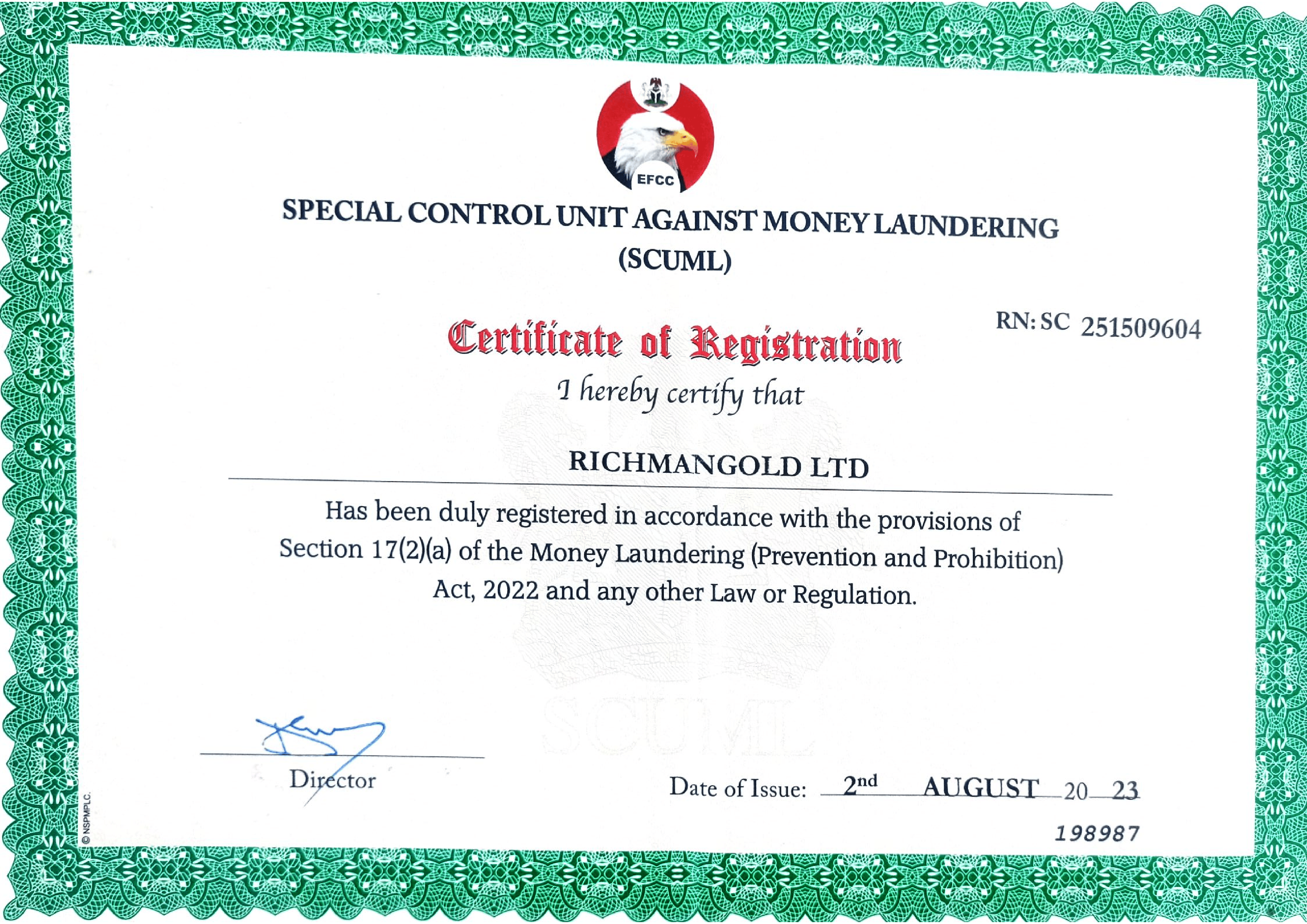 Richmangold Ltd EFCC Compliance Certificate