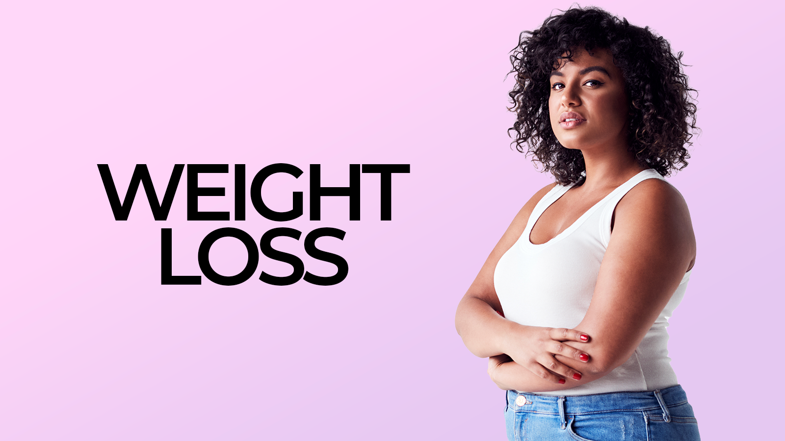 Smiling woman in fitness attire promoting weight loss, featuring the text "WEIGHT LOSS" on a pastel background, highlighting rejuvenation and body sculpting services at My Ageless Lounge.