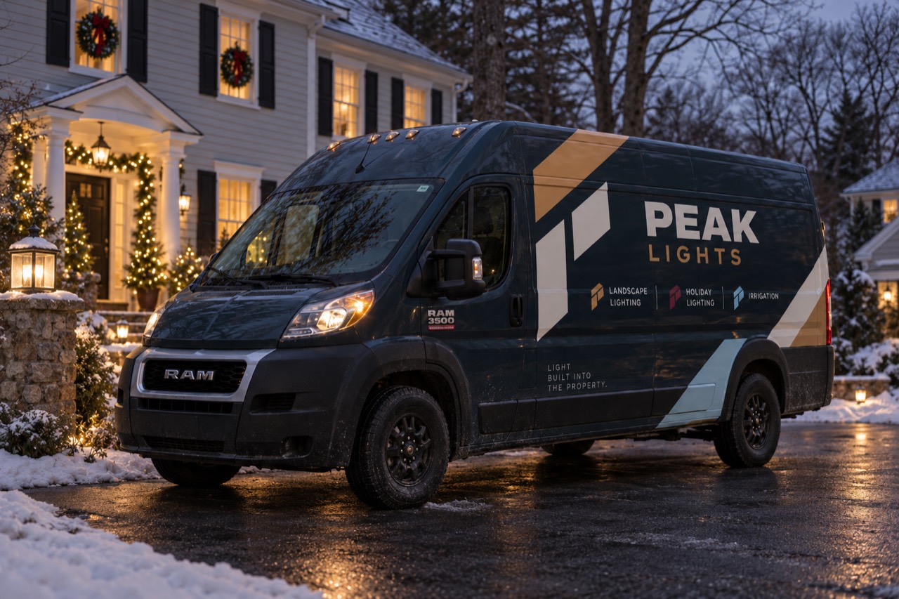 Peak Lights branded service van outside a decorated Southern New Hampshire home