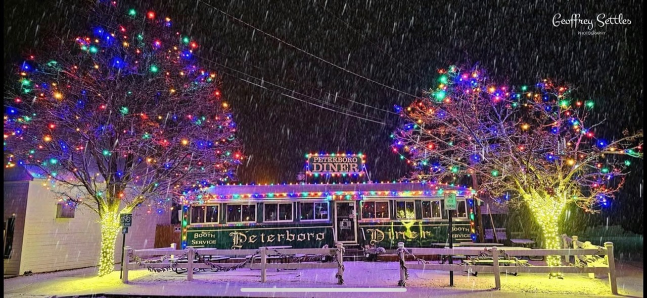 Completed Peak Lights holiday lighting at Peterboro Diner, with illuminated mature trees and warm-white trunk wraps