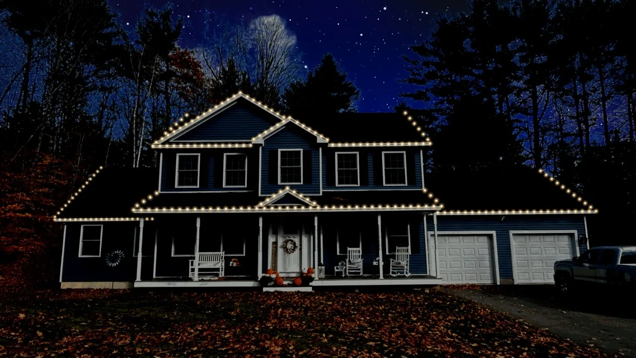 Design visualization of warm-white roofline lighting on a blue home