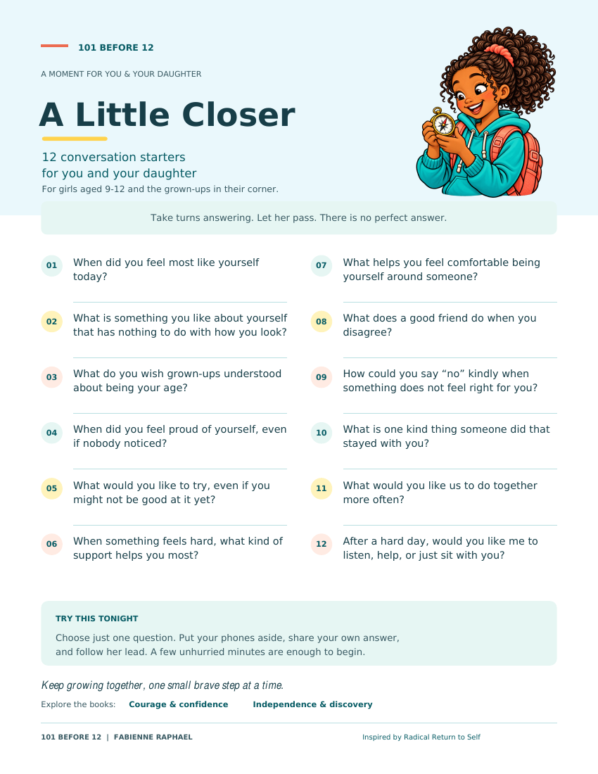 Preview of A Little Closer: a one-page sheet with 12 conversation starters and the compass girl from the 101 Before 12 books