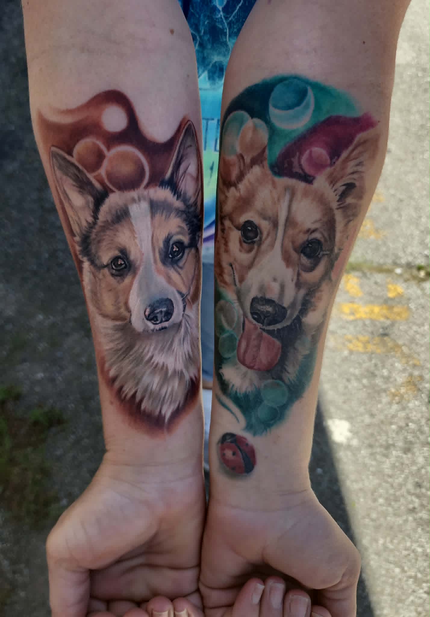Two color dog portrait tattoos