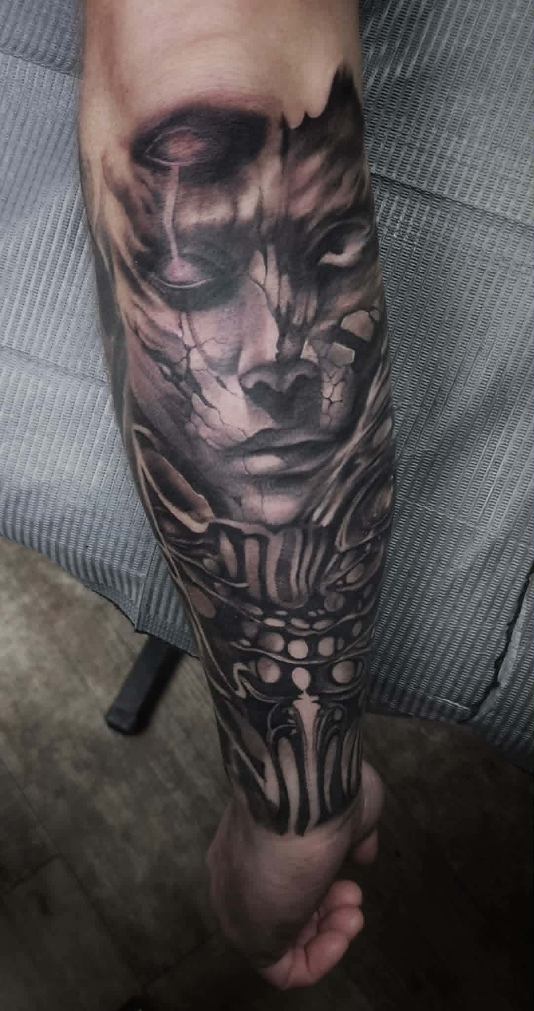 Abstract black and grey face tattoo, second study