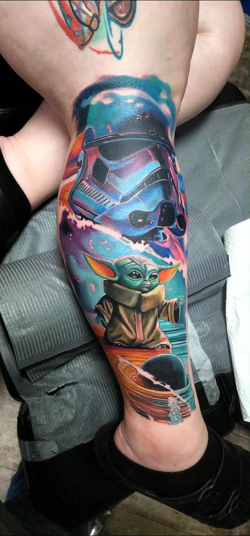 Color Star Wars stormtrooper and Grogu tattoo