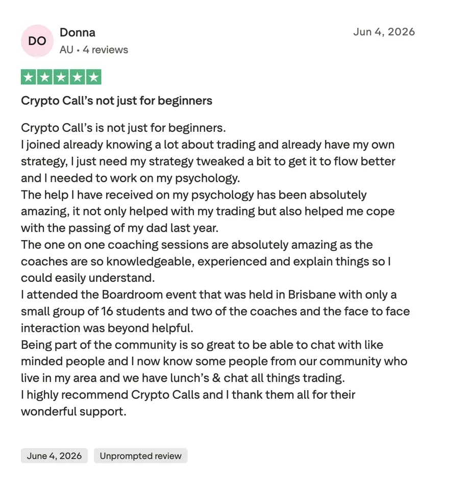 Trustpilot review from Donna: Crypto Calls is not just for beginners