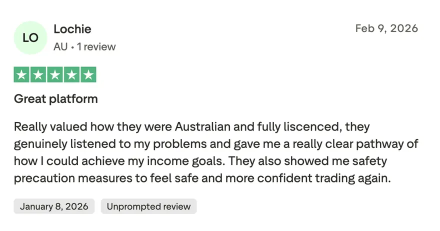 Trustpilot review from Lochie: valued that Crypto Calls is Australian and fully licensed