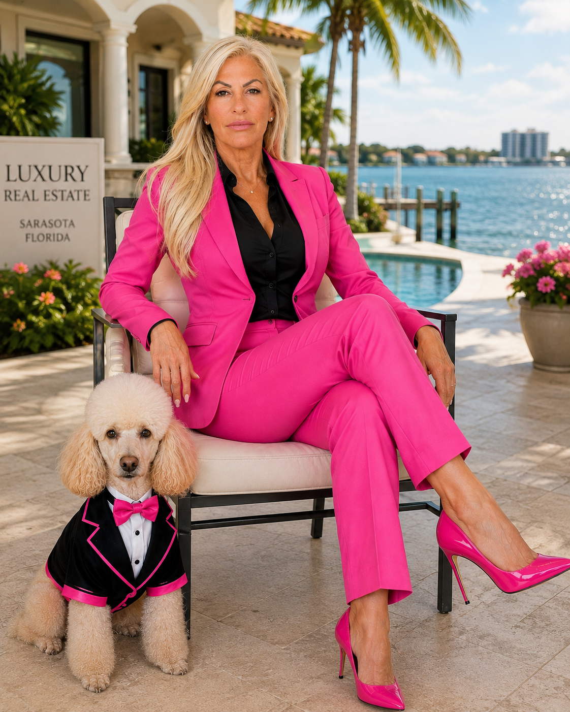 Myra K. Peric with her dog by the Sarasota waterfront