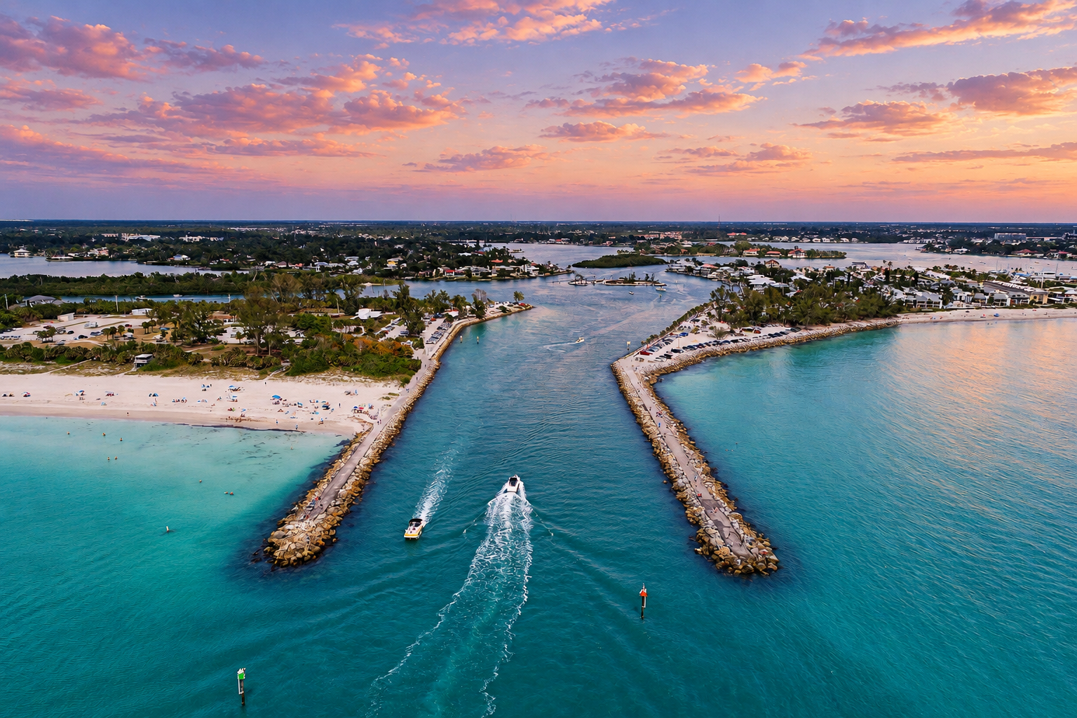 Venice Jetty aerial view at soft twilight