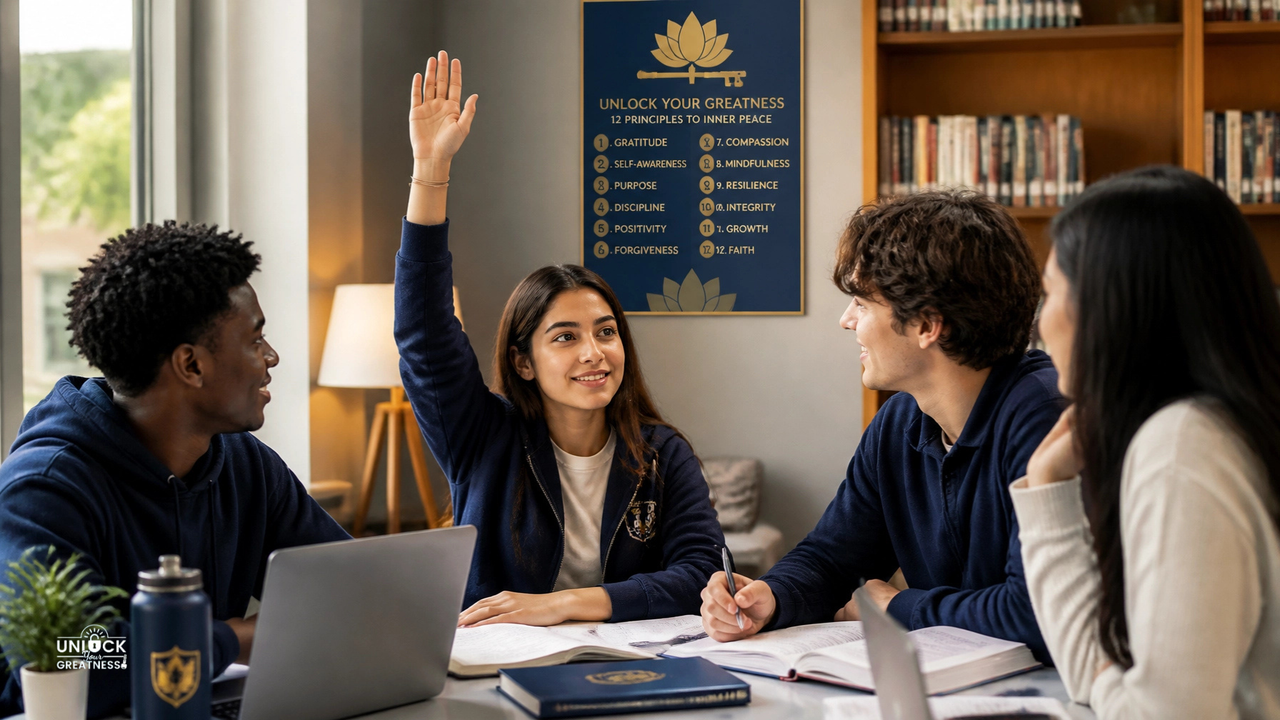 A student in a campus study group takes a brave step by asking for help, with supportive peers nearby and a hopeful, growth-focused atmosphere.