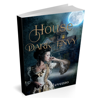 House of Dark Envy cover art, woman standing before a house in the moonlight, clean Victorian second chance romance