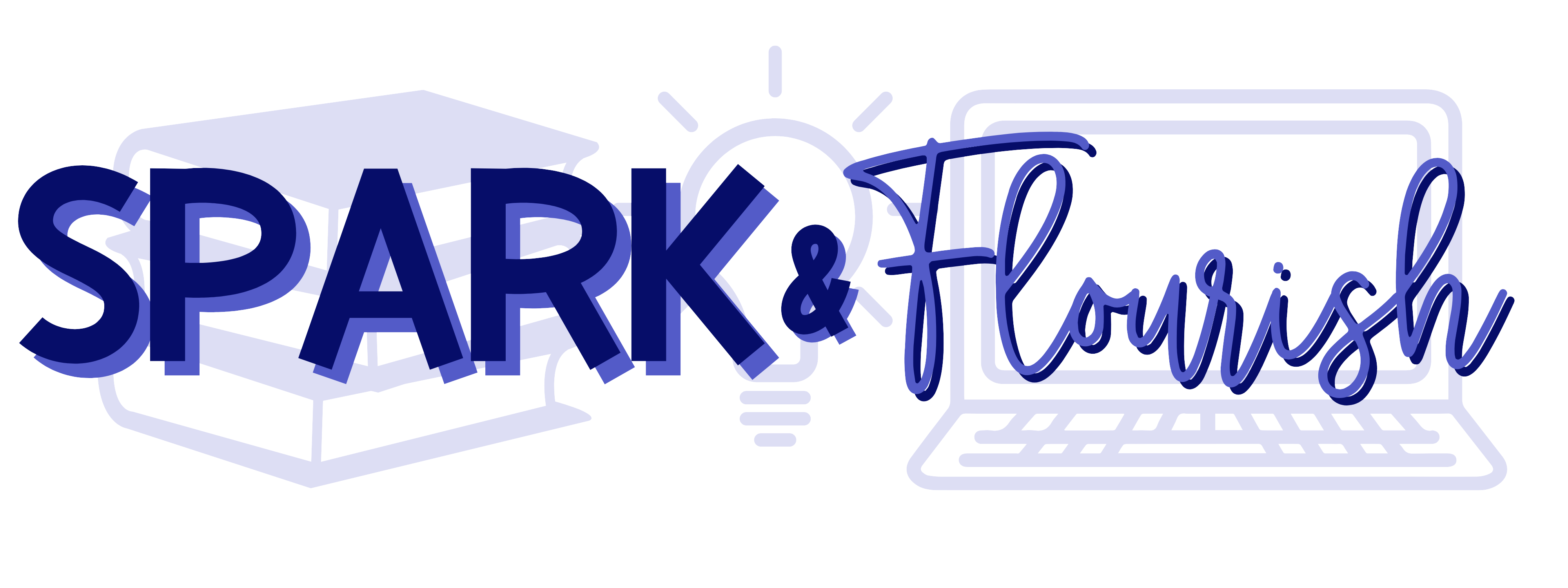 Brand Logo. Spark & Flourish text over an image of books, a light bulb and a laptop. 