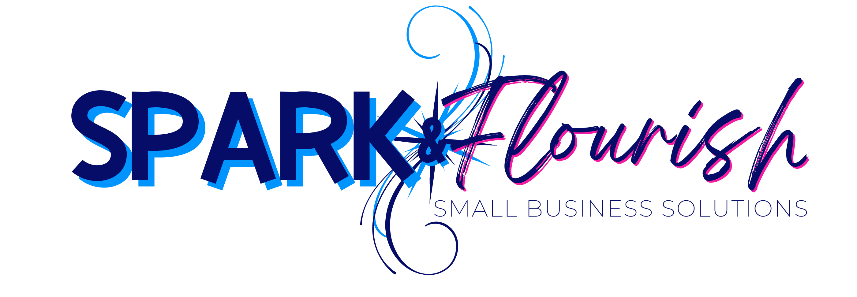 Brand Logo. Spark & Flourish text over an image of books, a light bulb and a laptop. 