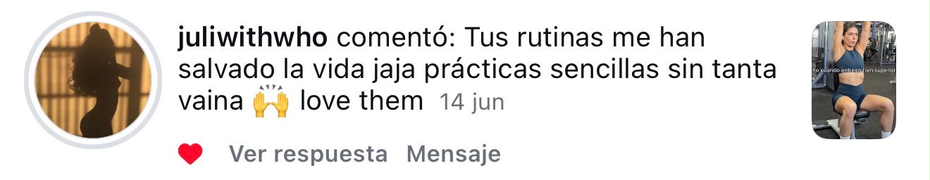 Mensaje de una alumna de NatFit en Instagram