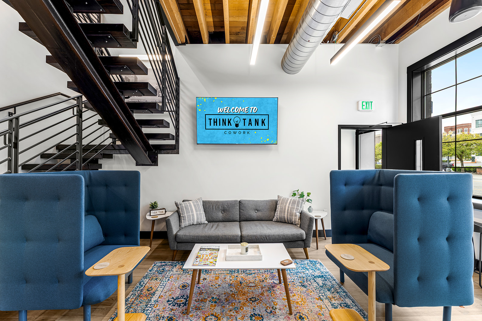 The reception and front desk area at Think Tank Cowork in downtown Everett, Washington