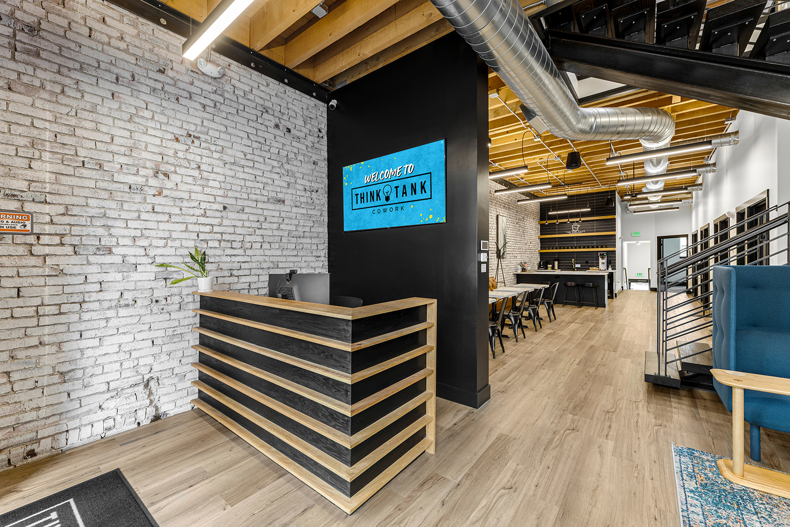 The front desk and reception area at Think Tank Cowork in downtown Everett, Washington