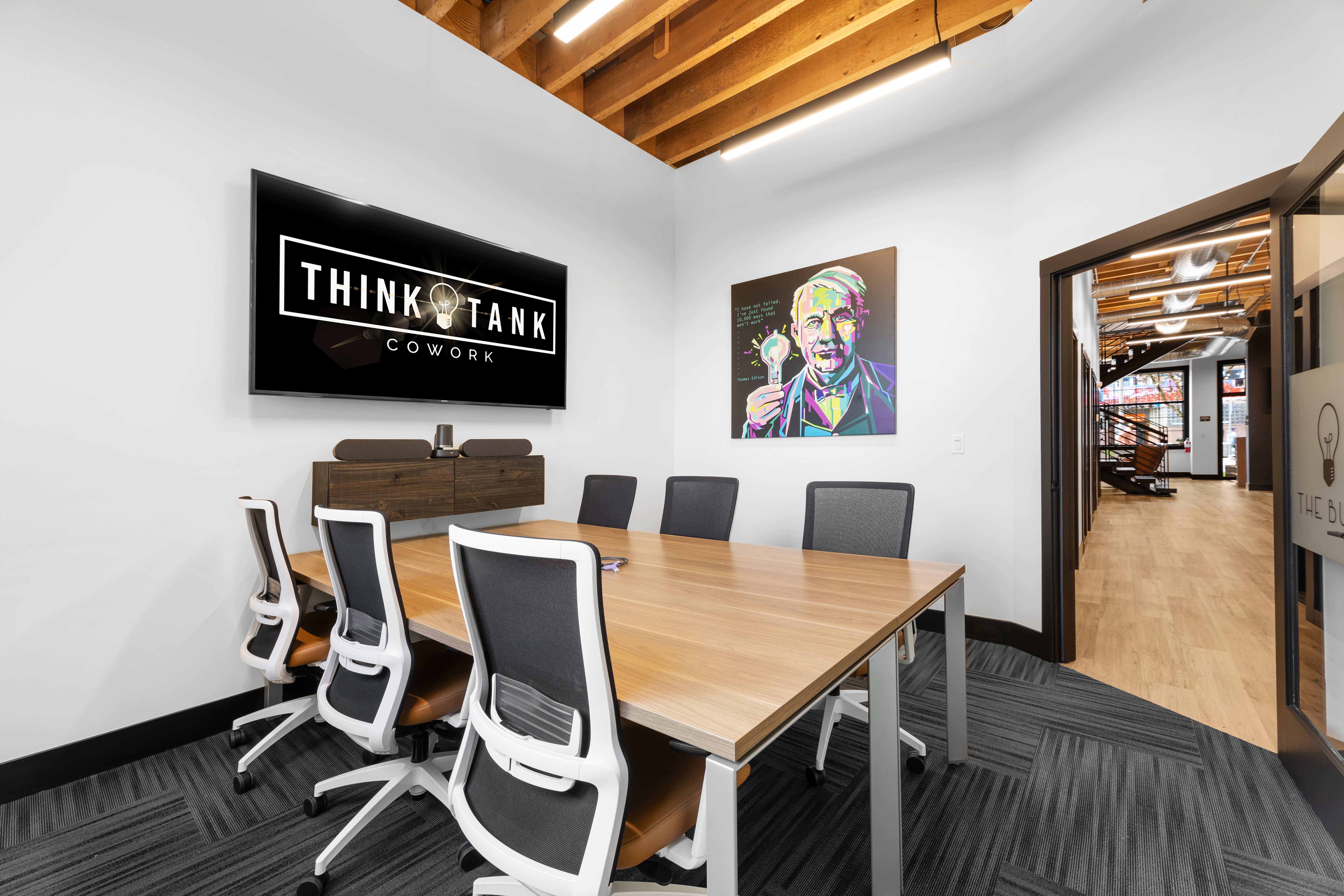 The Bulb, a premium meeting room seating six at Think Tank Cowork in downtown Everett, Washington