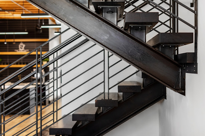 The metal staircase added in the 2021 renovation at Think Tank Cowork in downtown Everett, Washington