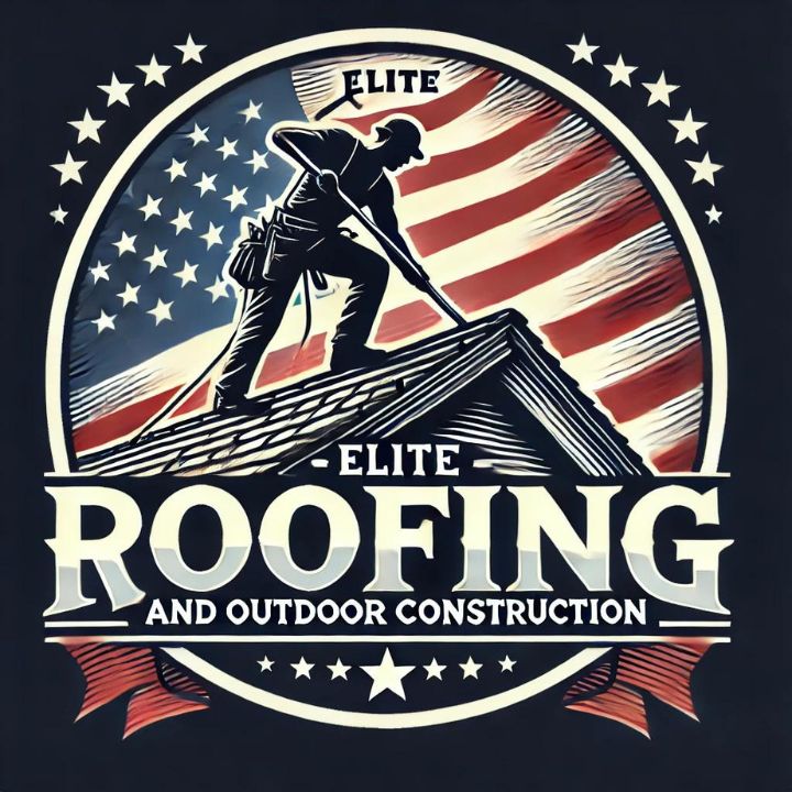 Elite Roofing & Outdoor Construction logo featuring a roofer working on a rooftop with an American flag background