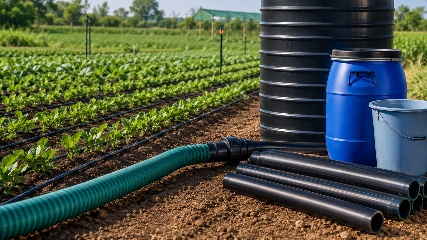 Rigid plastic water tank and HDPE pipes used in agriculture