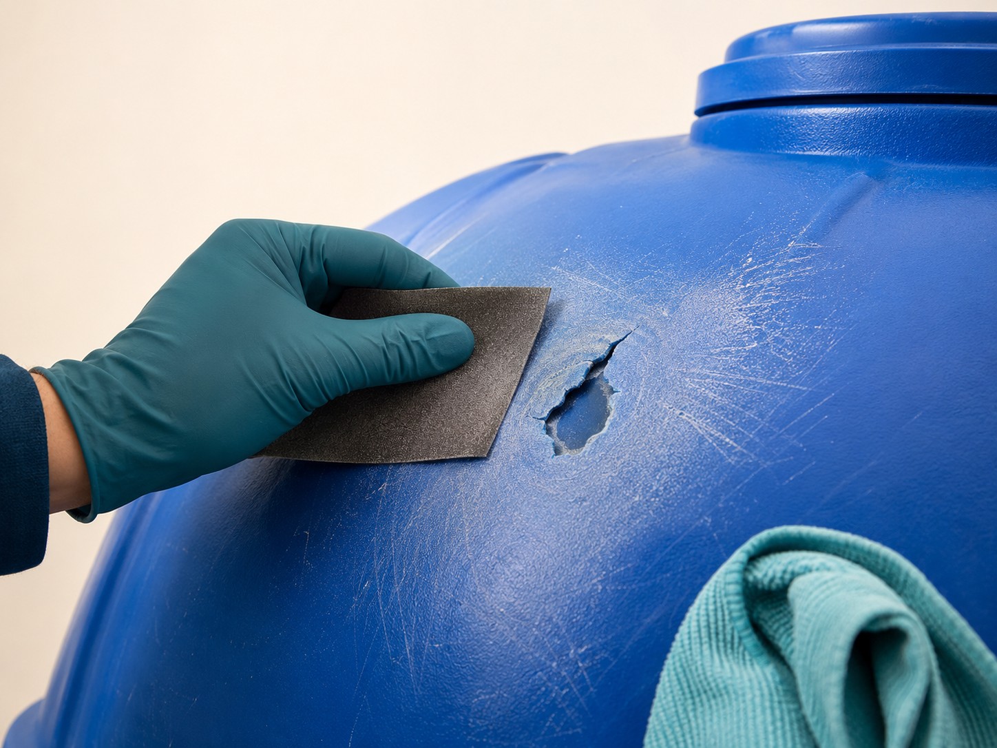Damaged rigid plastic surface being cleaned and roughened with emery paper before applying PROTECTOR