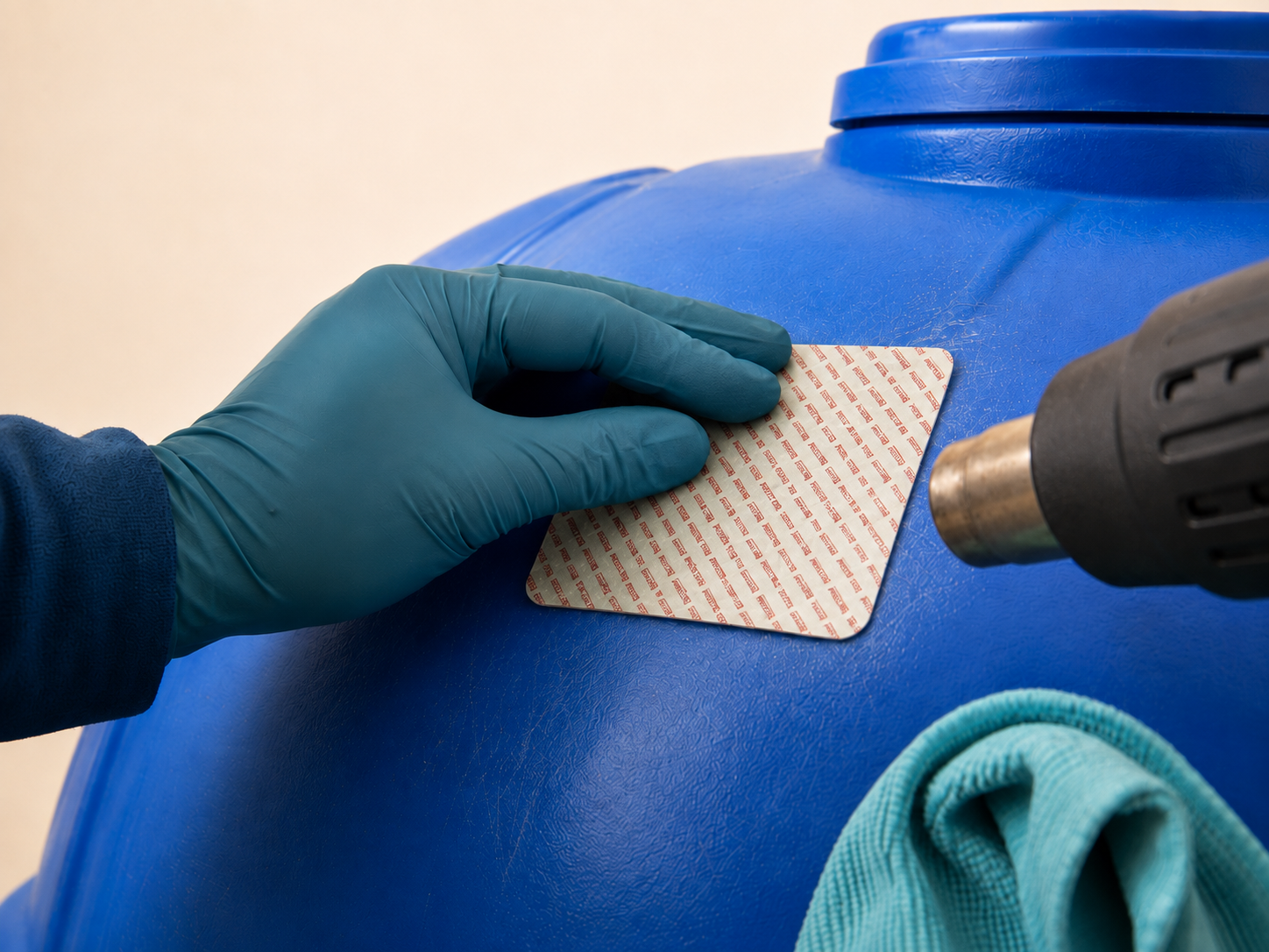 Tacky PROTECTOR patch being placed and pressed onto the damaged rigid plastic surface