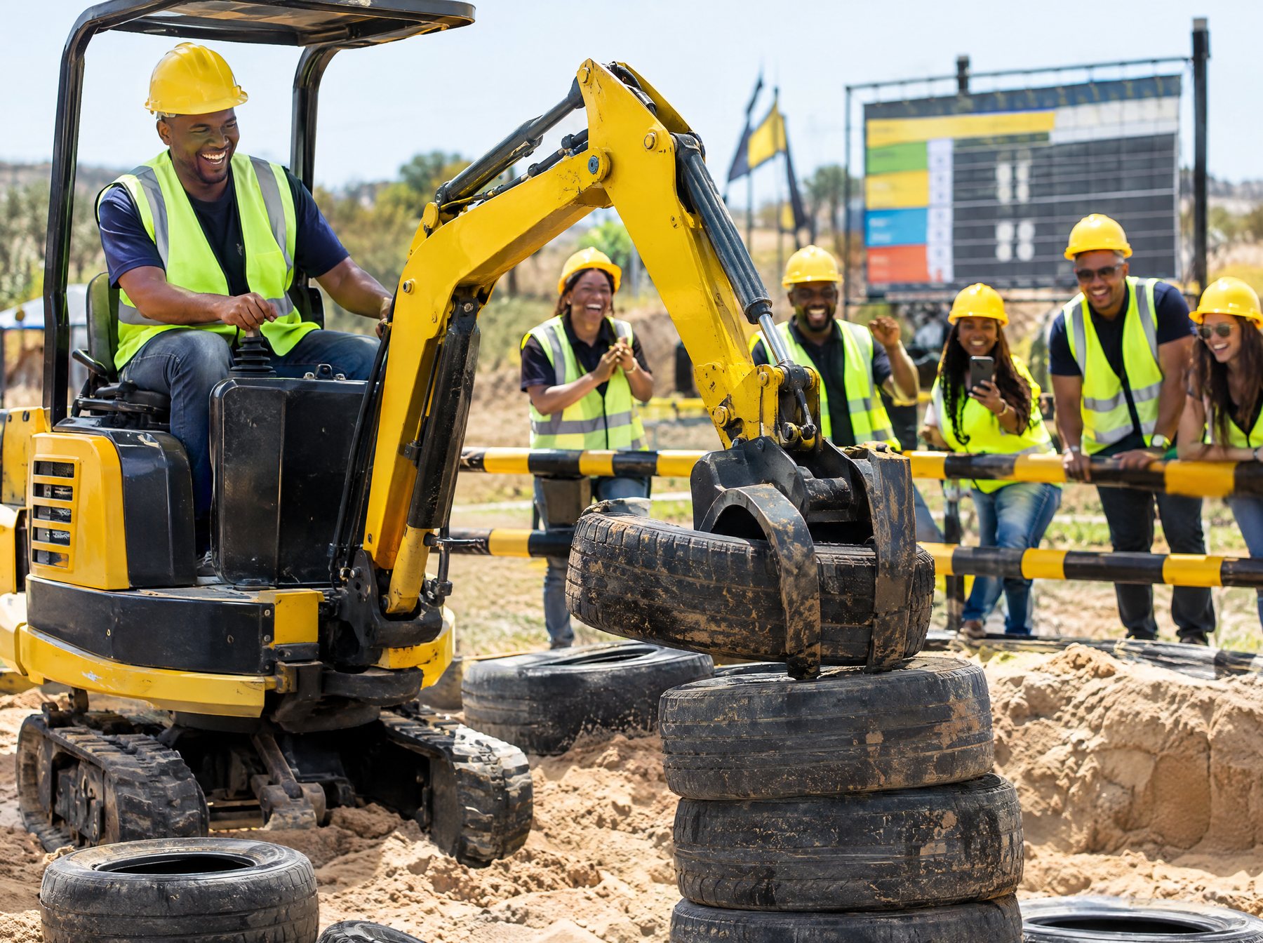 Colleagues cheer while a teammate stacks tyres with a mini excavator
