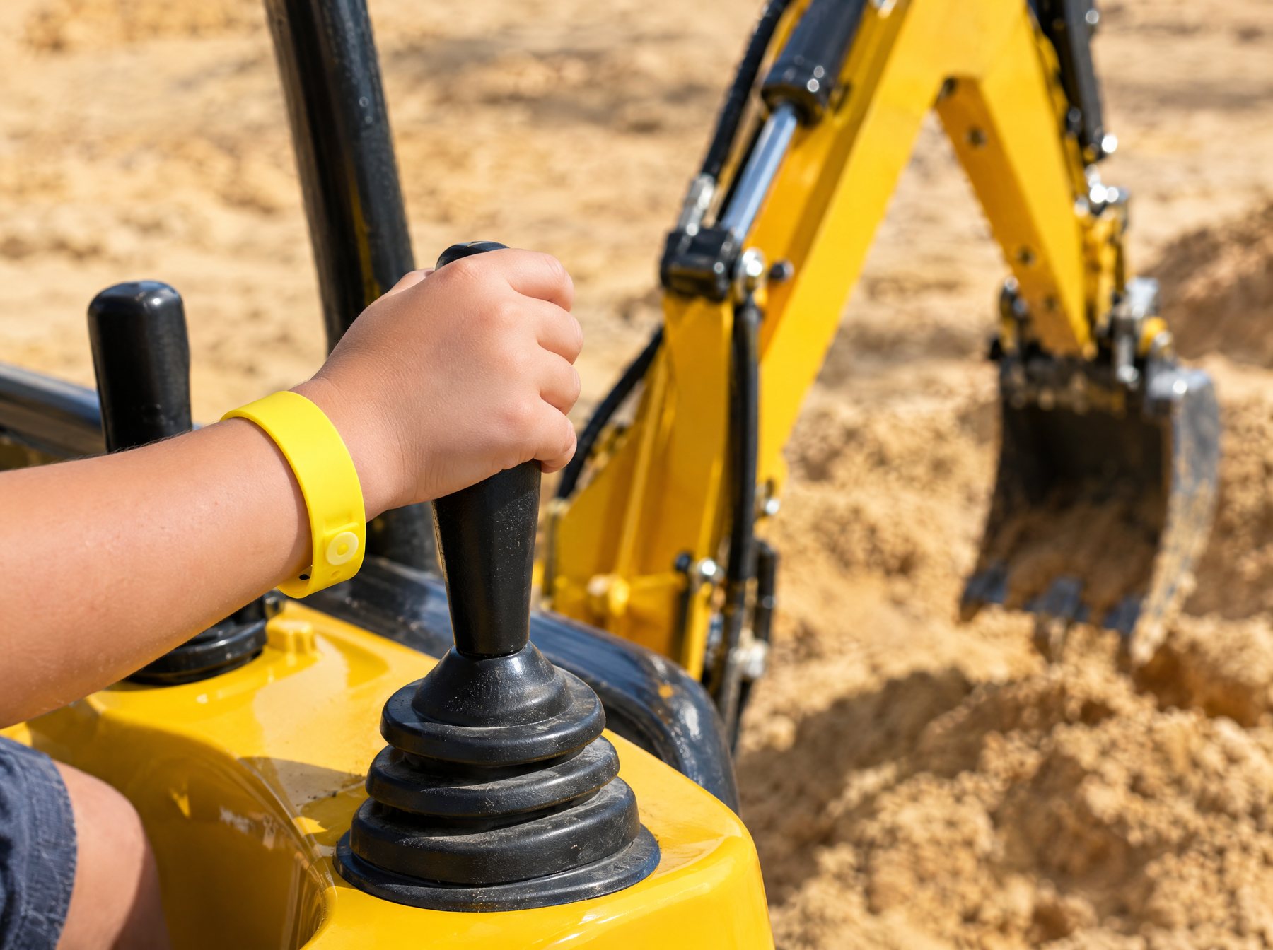 A child wearing a yellow session armband holds a digger lever