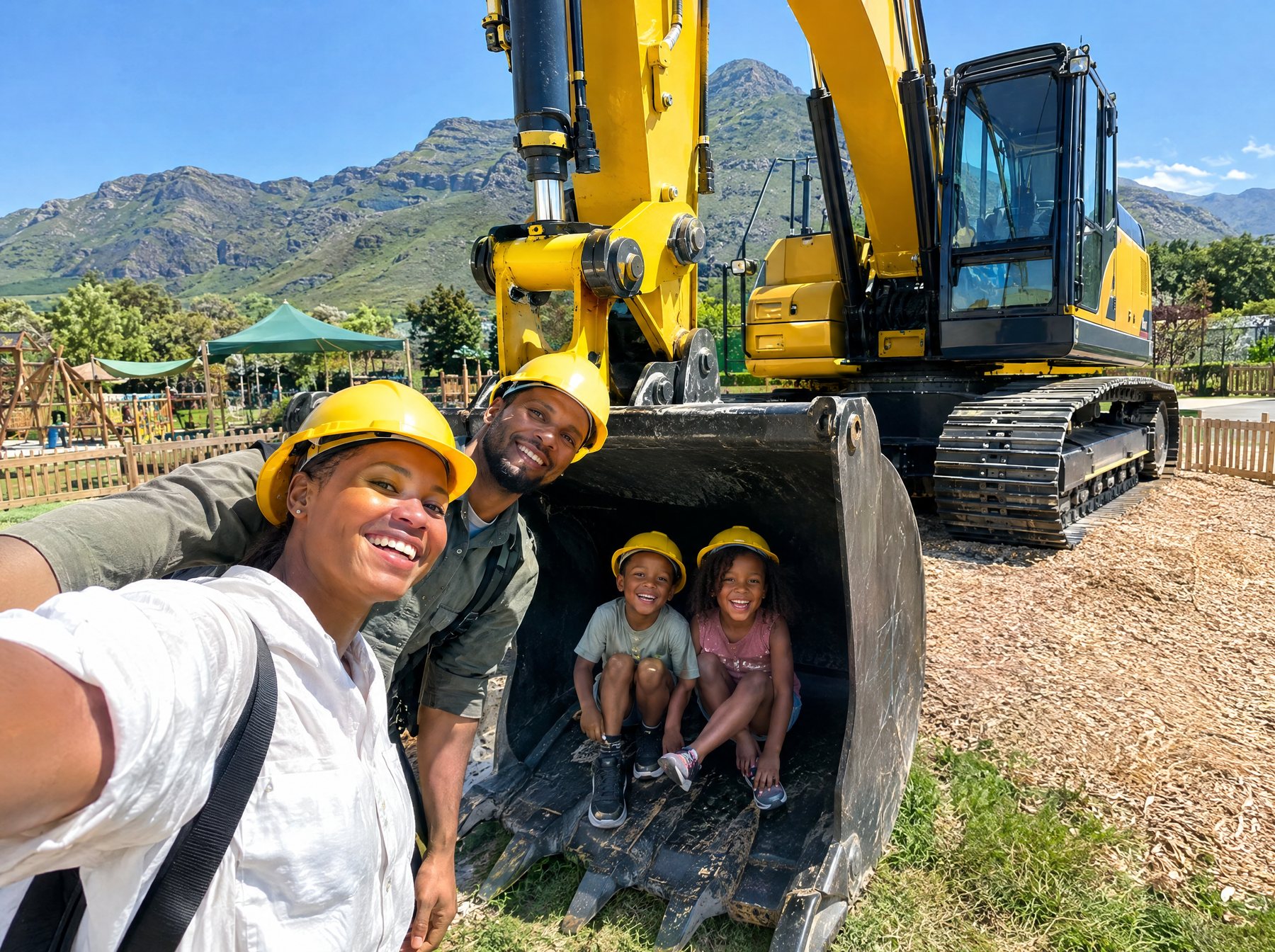 A family takes a selfie in the bucket of a full-size excavator