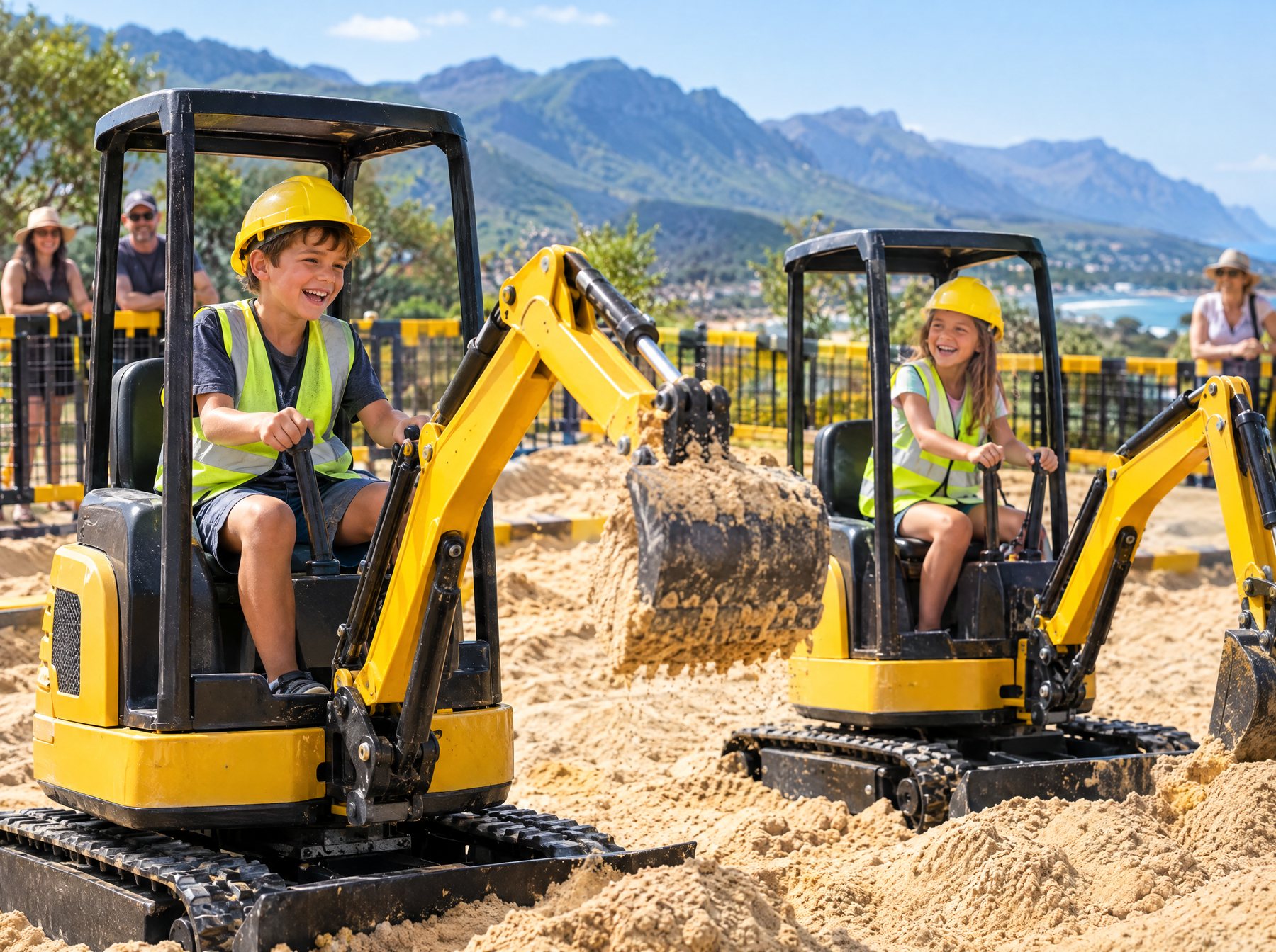 Two children in hard hats operating yellow mini excavators in a sand pit