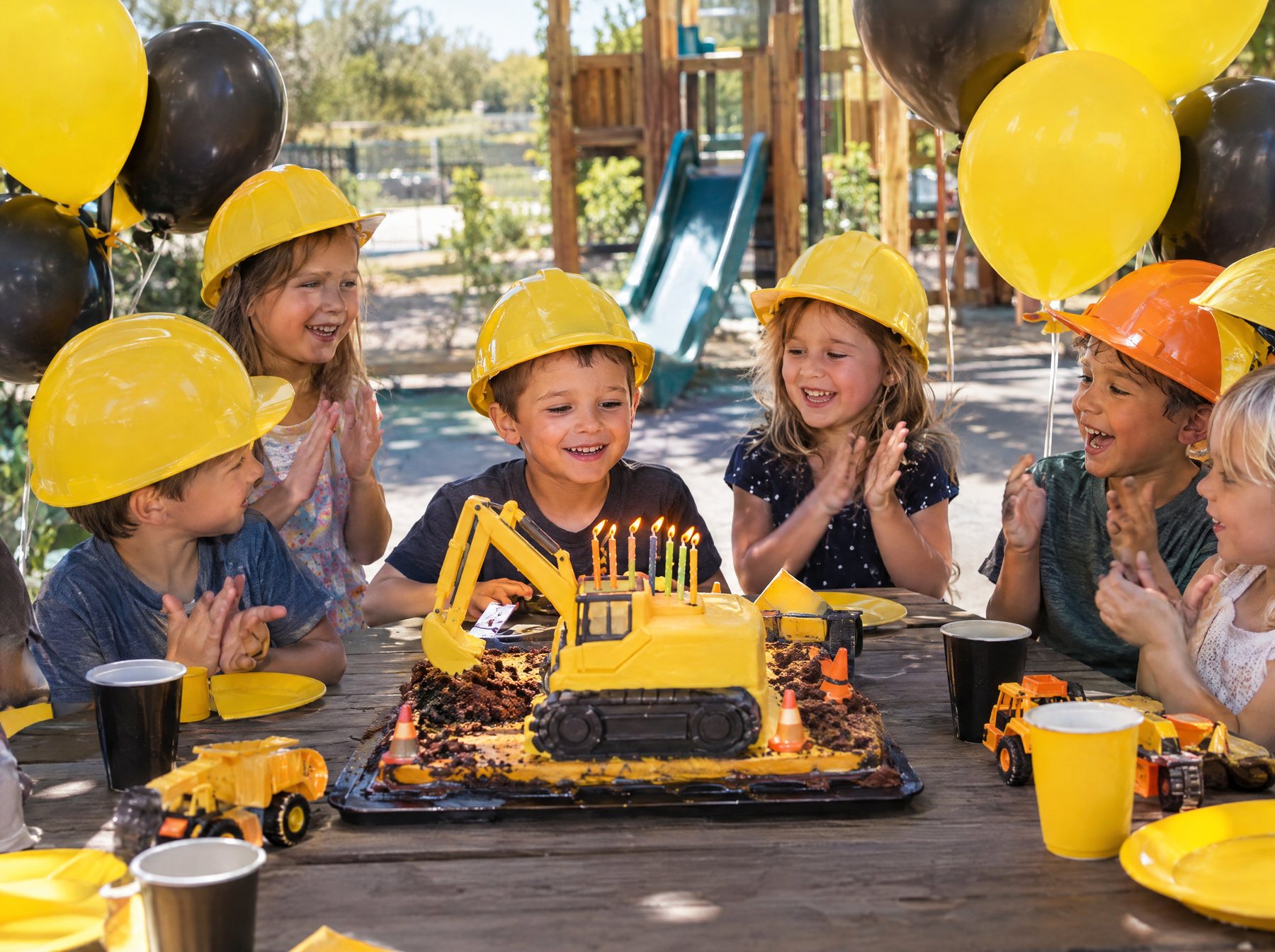 Kids in hard hats around an excavator birthday cake