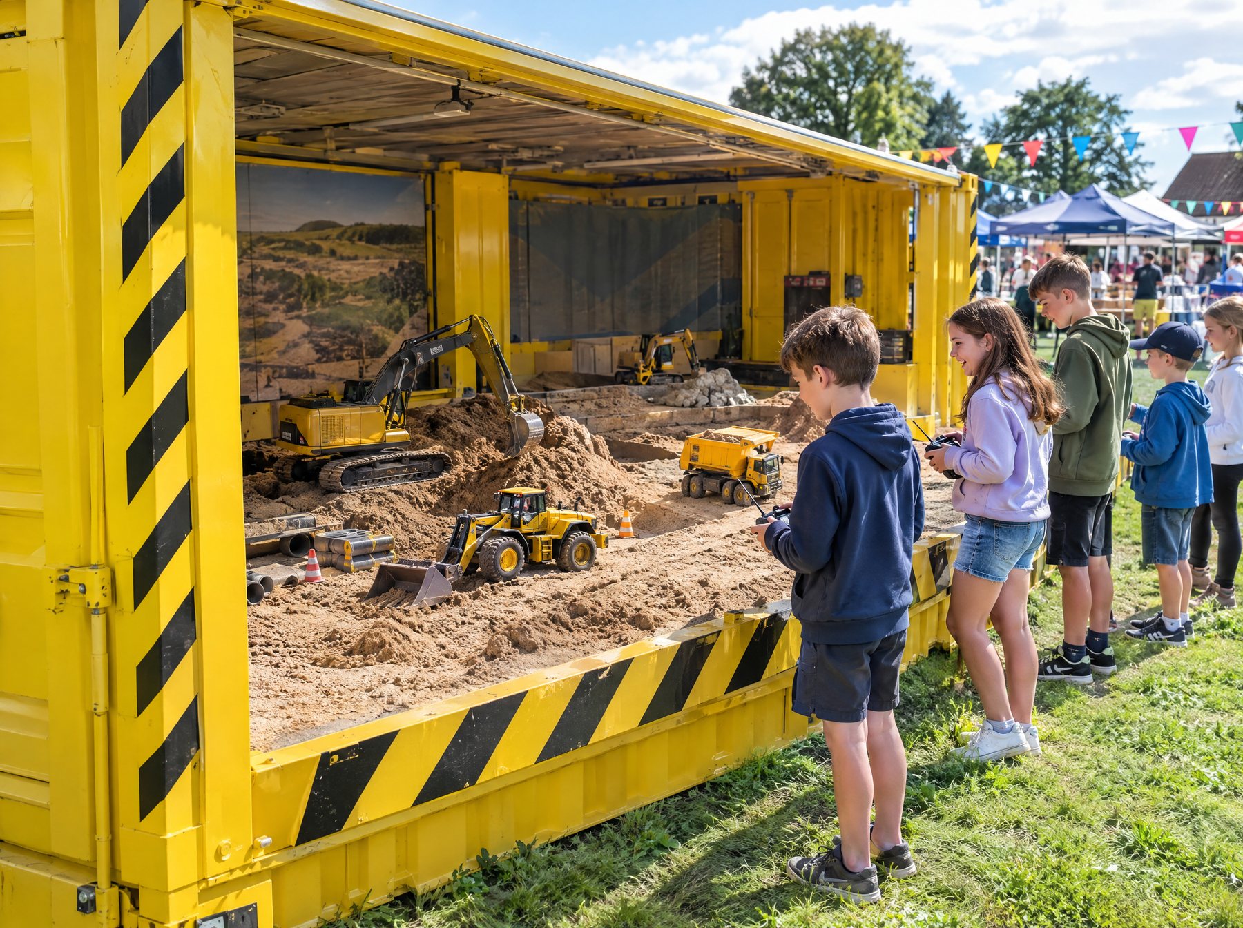 Kids operate remote-control diggers inside a yellow container at a school market